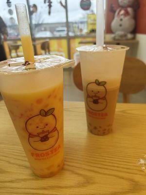 Mango Meet Pomelo on the left and milk tea with crystal bubbles on the right.