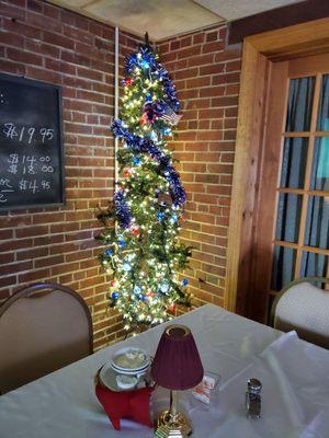 Corner tree patriotically adorned.