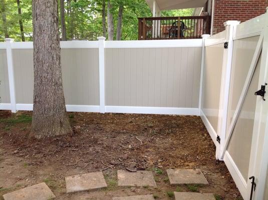 Two Toned Vinyl Fence.  White/Tan.  I LOVE MY FENCE!