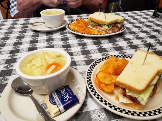 Chicken noodle soup and Lebanon Bologna and Ham and Turkey.