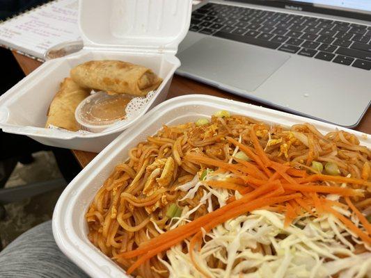 chicken pad thai and spring rolls