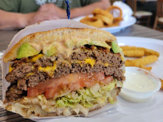 The nearly 1 lb.  Vicky's Special Burger.  Delicious!