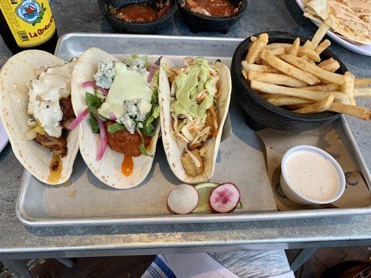 Spicy Braised Short Rib taco, Buffalo Cauliflower taco, Catfish taco (my fav!) and fries