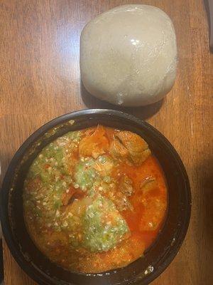 Okra stew with assorted meats and swallow (fufu)