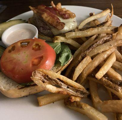 Delicious bacon cheeseburger and hot, fresh fries!