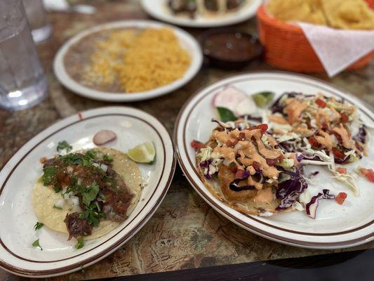 Cabeza taco, Baja fish taco, Baja shrimp taco, and a side of rice and beans