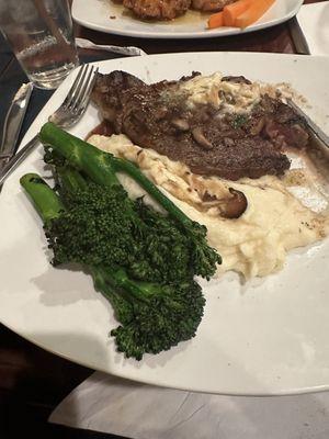 Ribeye, broccolini, and whipped potatoes