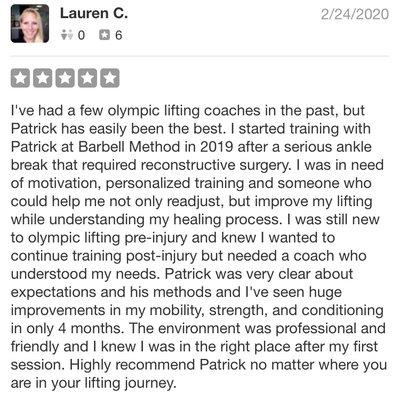 Honest review of an active client being helped with recovering from an injury.