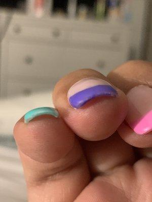 Thick uneven nail and the color looks faded but It's the way they left them. Very unprofessional