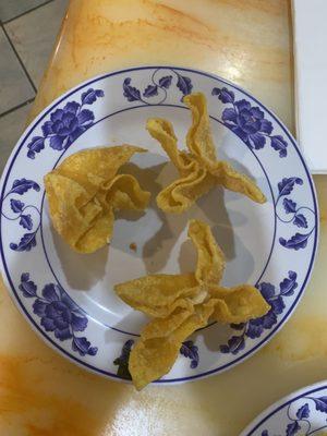 Fried Cheese Wontons (patterned plates, instead of the usual plain ones)