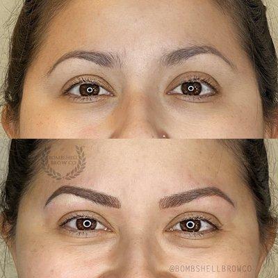 Before and after cover up of previous microblading artists work. Micrboblading and shading hybrid brow.