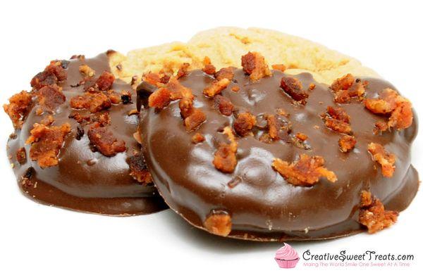 Peanut Butter Cookies dipped in Chocolate with Bacon Crumbles