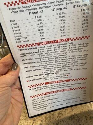 Pizza menu