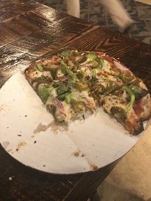 Veggie pizza, milk stout, and garlic cheese toast! Yum!