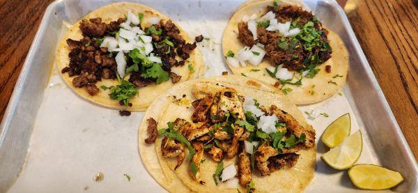 Chicken, carna asada and Lamb tacos