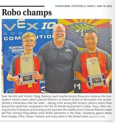 Robotics Team finishes 9th in the World in VEX IQ Robotics Middle School World Championship.  Summit sent 4 elementary teams that also parti