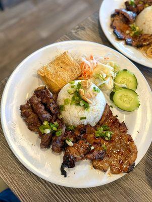 Suon Nuong, thit nuong, tau hu ky (pork chop, grilled pork, & bean curd skin with shrimp paste)