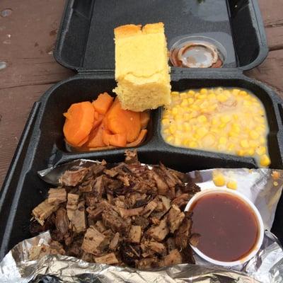 Brisket Dinner, Creamy Pan Fried Corn, Candy Yams (not too sweet, just right!), and Cornbread.