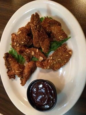 Almond crusted fried duck with raspberry chipotle sauce