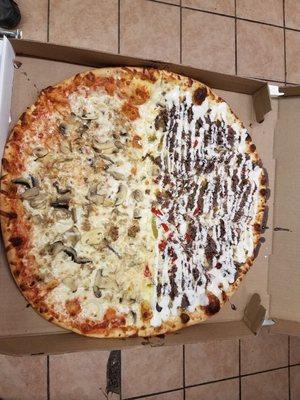 XL half Philly Steak pizza half sausage mushroom and onion