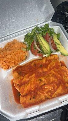 vegan enchilada plate stuffed w/ spinach, tomato sauce, & vegan cheese Although it didn't come w/ the quinoa rice I would order this again.