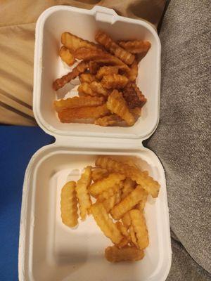 burnt, double fried French fries