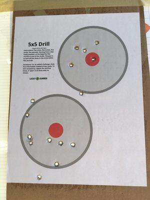 15 yard handgun practice, 5 rounds on top, ten rounds below.