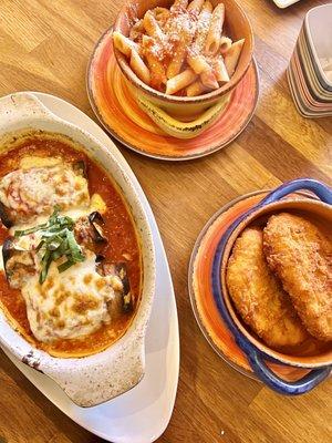 Eggplant Rollatini with a side of Chicken Cutlet and penne