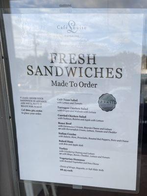 Sandwich menu -  call ahead to order