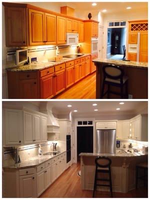 1990's kitchen , removed micro, replaced it with a custom hood built in our cabinet shop, lightrail molding, painted Dover white