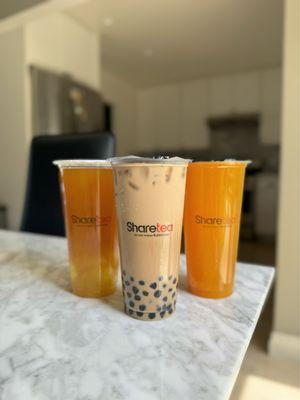 Peach tea with aiyu jelly, Okinawa milk tea, mango passion fruit tea