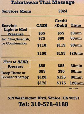 Menu and pricing for 2024