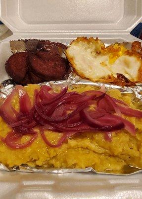 Mangu with pickled onions, Dominican Salami and eggs