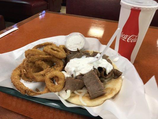 Gyro Sandwich with side of O-Rings (extra sauce)