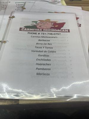 Meat options and phone number. The carnitas is my favorite