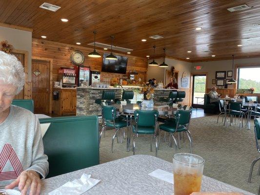 Inside the restaurant.  It looks new with retro decor.