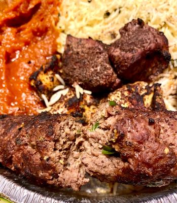 Combination kebabs - chicken kebab, lamb kebab and beef shamim kebab, spinach rice & pumpkin purée - Beef Shammi Kebab shown