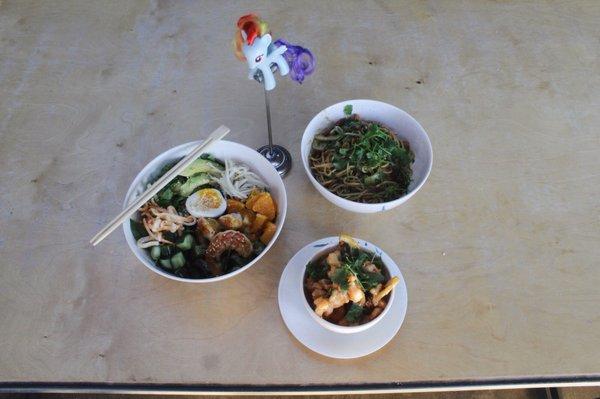 Seared Shrimp Salad, Dan Dan noodles, and popcorn shrimp