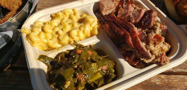 Brisket, pulled pork and burnt ends. Sides: mac and cheese and collard greens