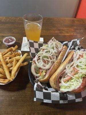 Sandwich, fries and beer.