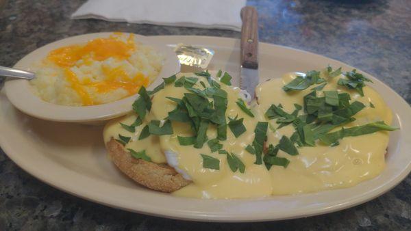 Eggs Benedict with spinach & cheese added to grits