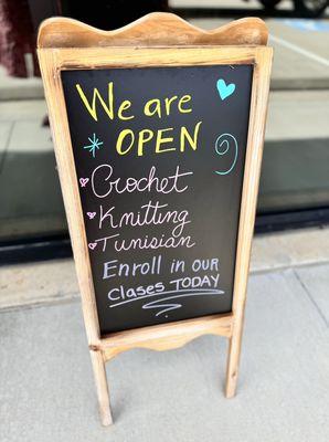 We are open! Enroll in our classes. We offer Crochet, Knitting, Tunisian Crochet and Macrame