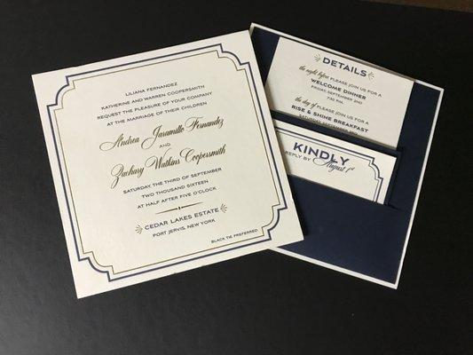 Silver edged invitation printed in 2 color letterpress inks with pocket on back to hold enclosures