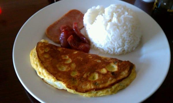 Omlette, spam, and Chinese sausage with rice