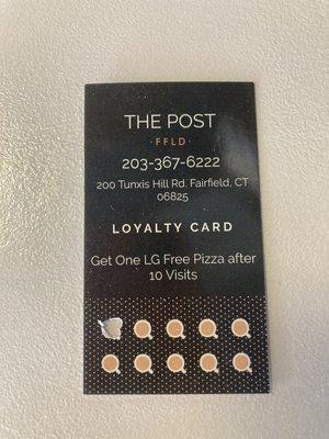 Loyalty Card. On the tenth visit you get a free large pizza.