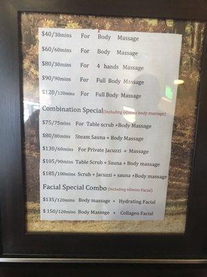 Service and prices menu