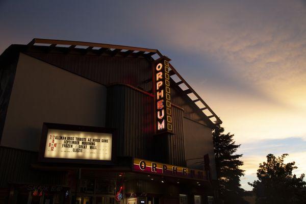 Exterior shot of Orpheum Theater Flagstaff at dusk