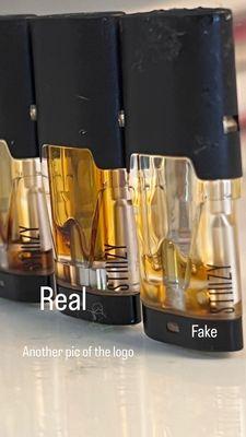 A side view of the logo difference on the real vs fake