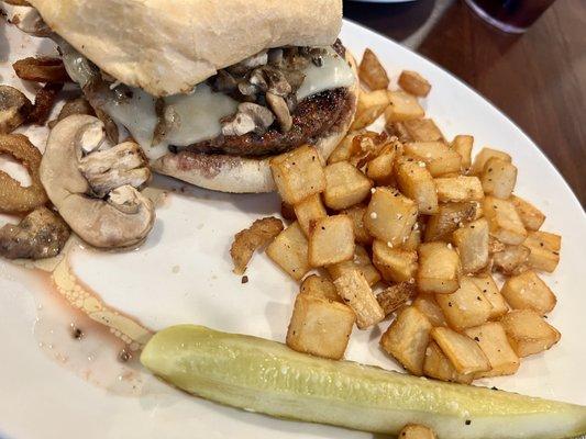 Mushroom & Swiss Burger with Seasoned Diced Potatoes