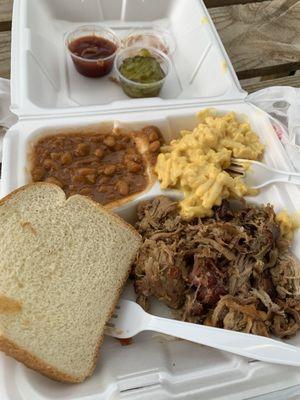 Pulled pork plate with sides and pickles